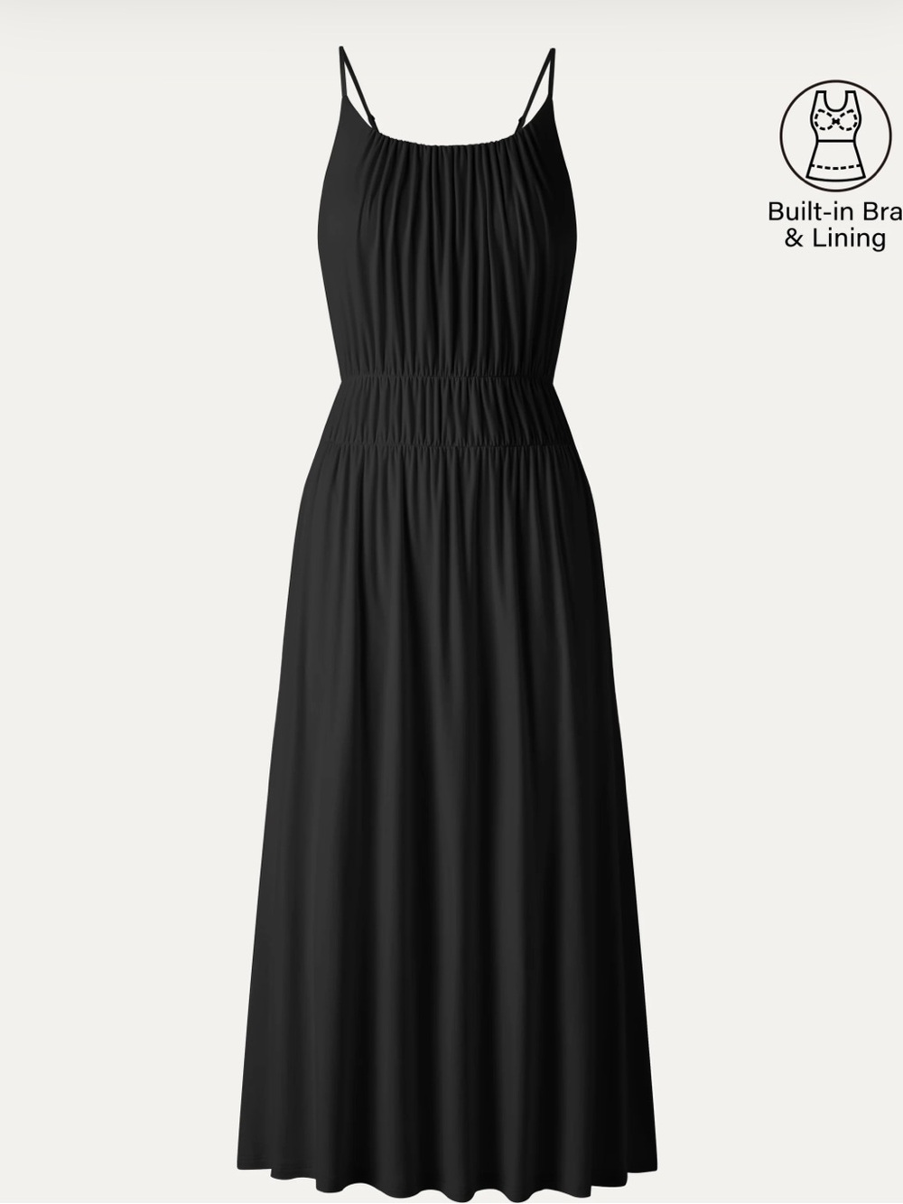 OGL | Vacay Gathered U-Neck Spaghetti Midi Bra Dress with Pockets Black | Large